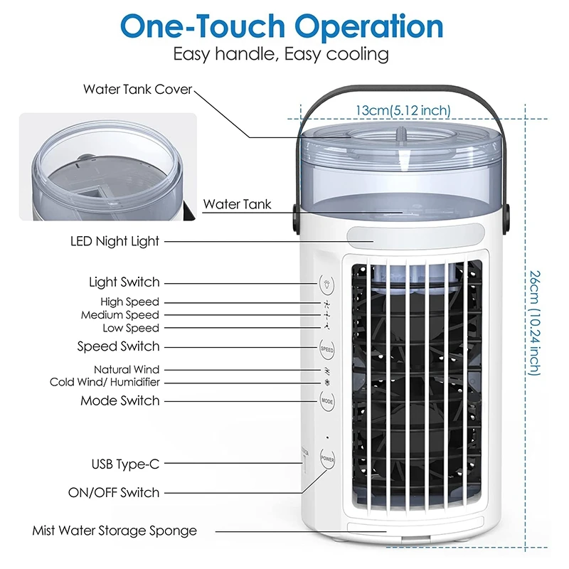 저렴한 휴대용 에어 컨디셔너 팬, 3 단 바람, 조용한 소형 에어 쿨러 데스크 미스트 AC 팬이있는 개인 증발 쿨러