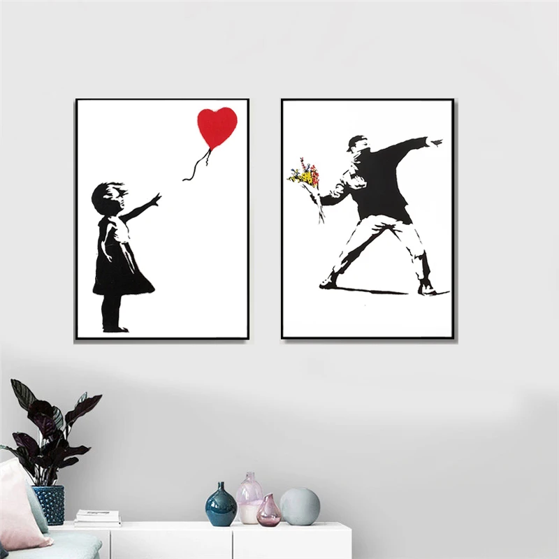 

Girl with Red Balloon Banksy Graffiti Art Canvas Painting Black and White Decor Cuadros Wall Art Poster for Living Room Home