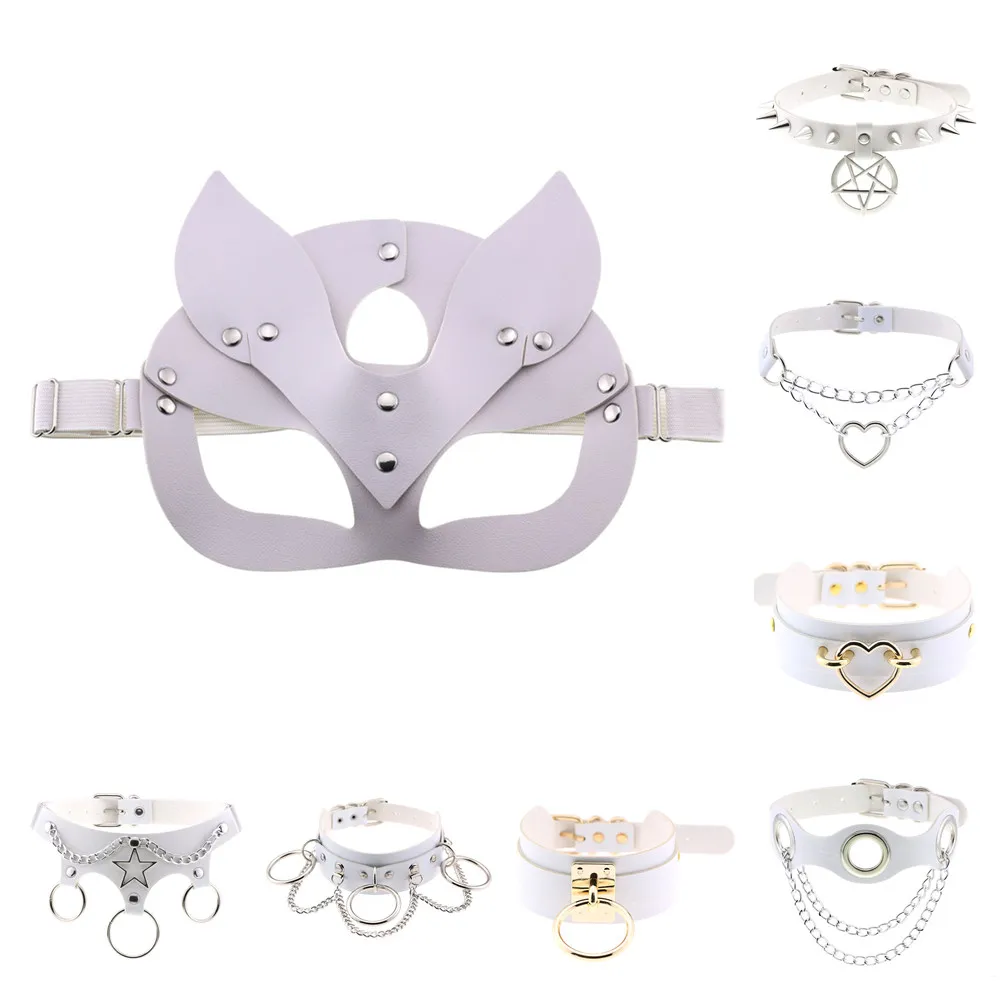 White Sexy Costumes of Leather Erotic Cat Eye Ears Half Face Mask Accessories for Women Collar Fetish Bdsm Bondage Flirt Sex Toy |