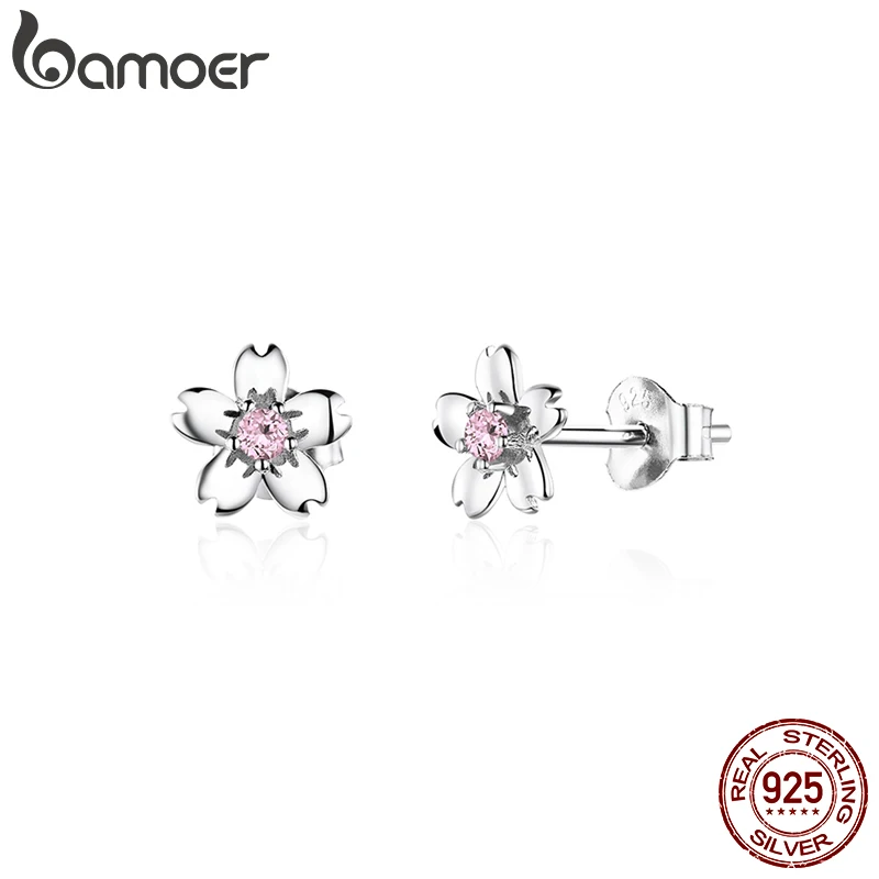 Серьги гвоздики Bamoer GXE784 925 пробы с серебряными цветками вишни модные ювелирные