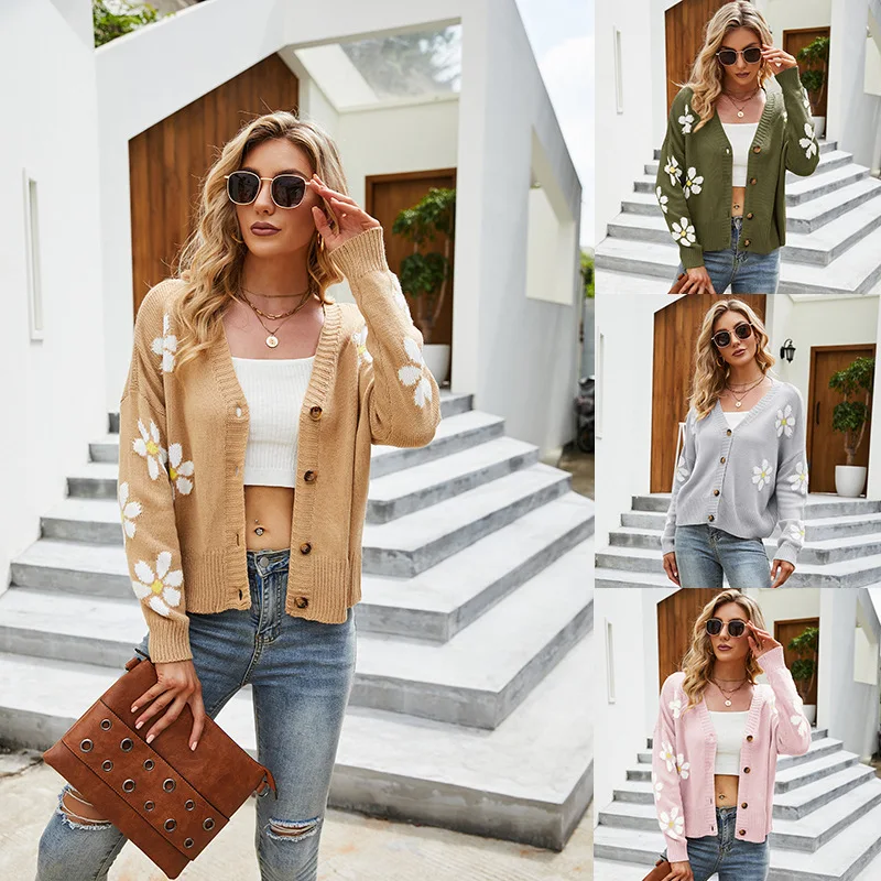 

V-neck Long Sleeve Flower Sweaters Tops Women Cardigan Autumn Winter Loose College Style Sweater Knitted Sueters De Mujer