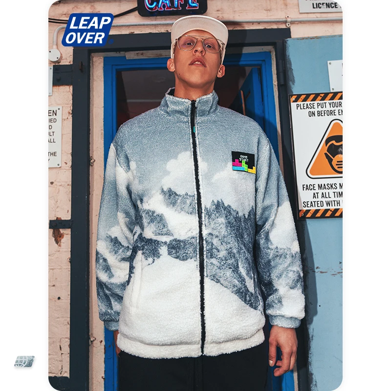 

Winter Thick Lambswool Jacket Men Streetwear Print Outdoor Jacket Men Korean Style Oversized Fleece Jacket Both Sides Wear Coat