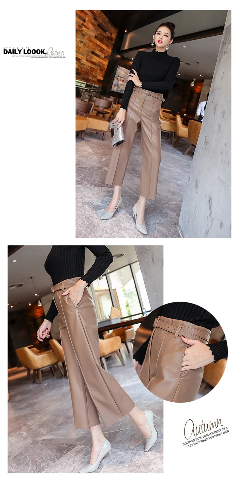 BGTEEVER Black Pu Leather Pants Women High Waist Belted Faux Leather Trousers Female Wide Leg Pants pantalon femme