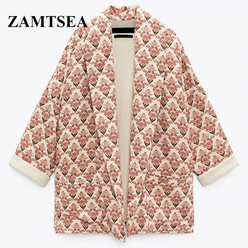 

ZAMTSEA 2021 New Woman Autumn Winter Print Quilting Jacket Coats Long Sleeve Pocket Elegant Female Casual Blazer Clothing