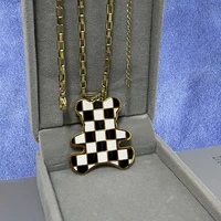 g star checkerboard bear pendant necklace for women titanium steel sweater chain two colors not fading good choice for gifts