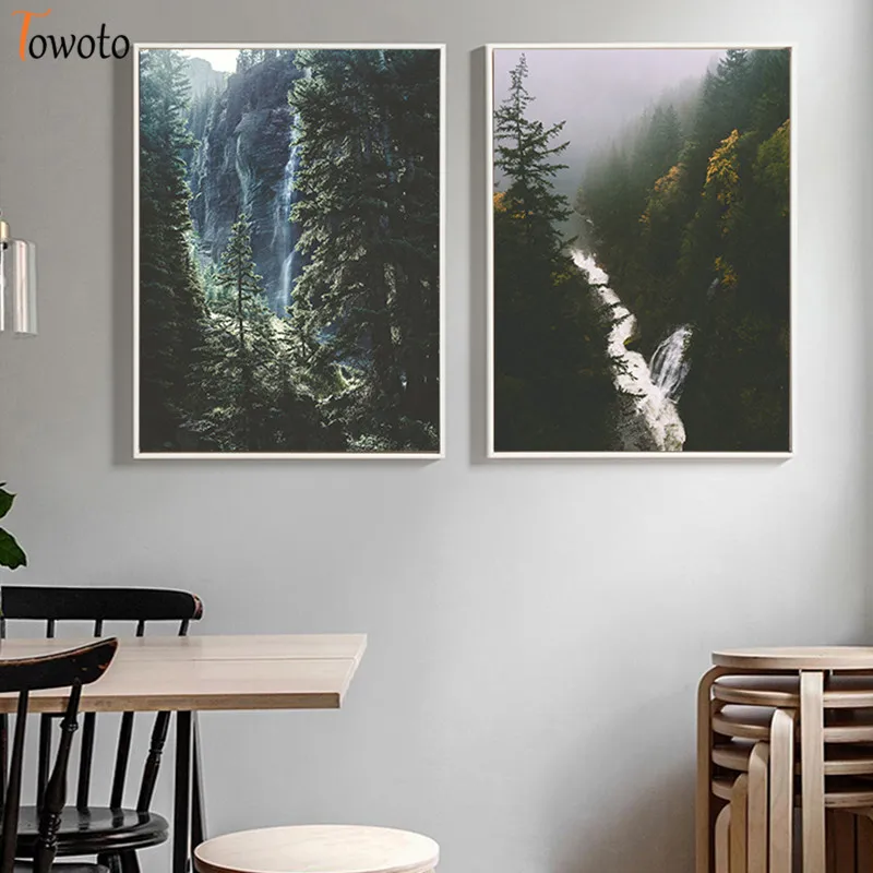 Пейзаж с рисунком леса реки холст живопись туманная ель елка Осенний постер