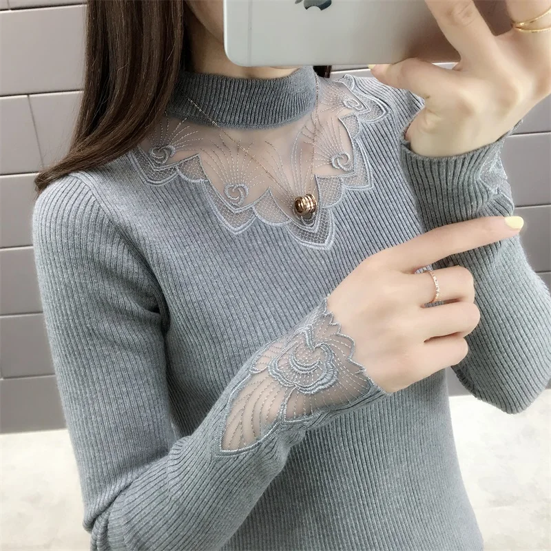 

OHCLOTHING XH 69706 spring new elastic cultivate morality sweater sets lace embroidery women's 40