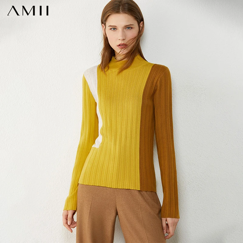 

Amii Minimalism Autumn Winter Sweaters For Women Fashion Patchwork Women's Turtleneck Sweater Female Pullover Tops 12030526