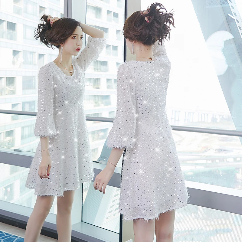 

2020 New Spring Autumn Women Three Quarter Sleeve Dress High Quality Shining Sequined Slim Mini Dress Sweet Dress