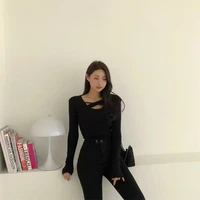 korean thickened frosted bottoming shirt long sleeved t shirt slim fit elastic feminine cross cut top looks thin and versatile