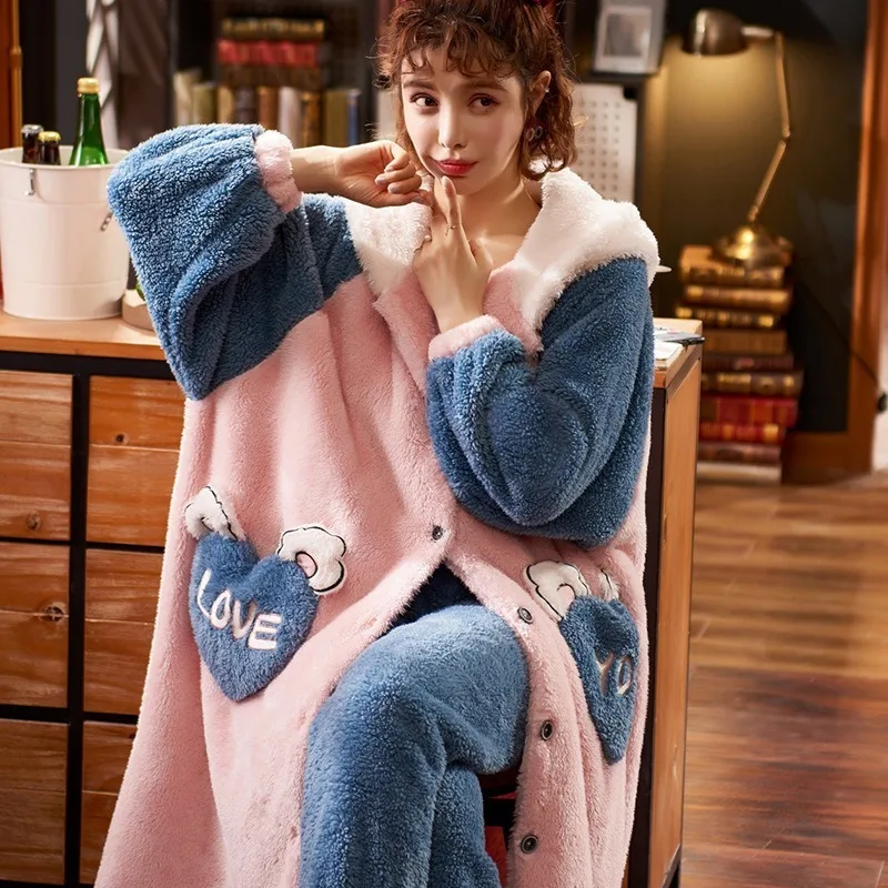 

Pajama Woman Winter Plush Mid-length Nightgown Plus Fleece Trousers Bathrobe Loose Flannel Home Service Suit Women
