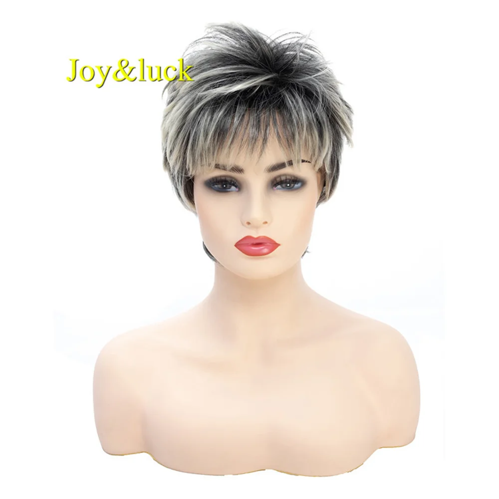 Joy&ampluck Short Wig Brown Mix Blonde Synthetic Wigs for Women Straight Full With Bangs Hair Fashion Style |