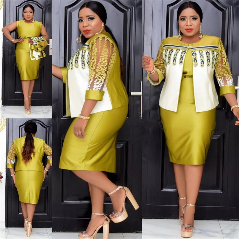 

2 Piece Africa Women Set Long Sleeve Blazer Midi Skirt Suits Office Lady Elegant Business Outfits Printed Embroidered Top