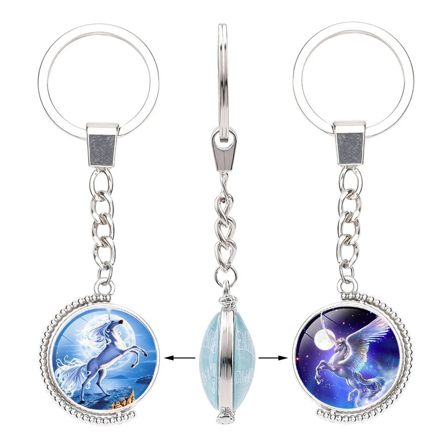 Брелок для ключей в виде единорога стеклянный кабошон двухсторонний Вращающийся