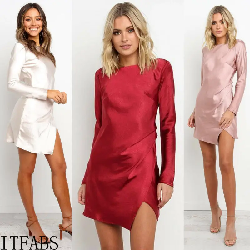 Осеннее женское элегантное мини платье с длинным рукавом и круглым вырезом новое