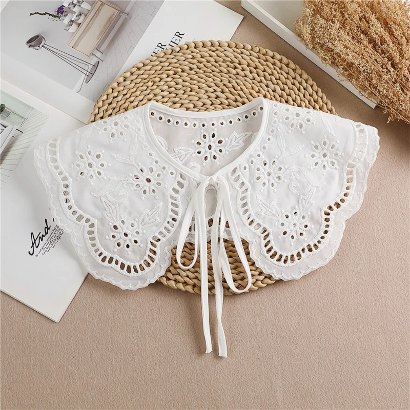 

M2EA Fashion Fake Detachable Decorative Collar Womens White Lace Edge Shawl with Bowknot Bandage for Dress Skirt