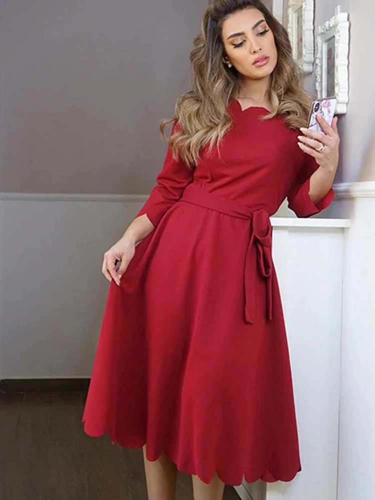 Sheinside, элегантное облегающее платье с зубчатыми краями, женское Бордовое платье с рукавом 3/4, однотонные платья-карандаш, женские вечерние платья, ночные дамы миди платье