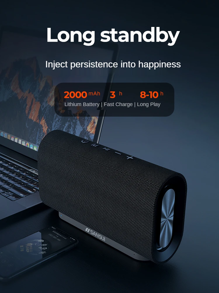 Беспроводная колонка Sansui T8 2021 года нового образца для дома и отдыха на природе, портативный миниатюрный формата с большой громкостью, технологией 3D-объемного звука и усилением низких частот для получения супердинамичного баса.