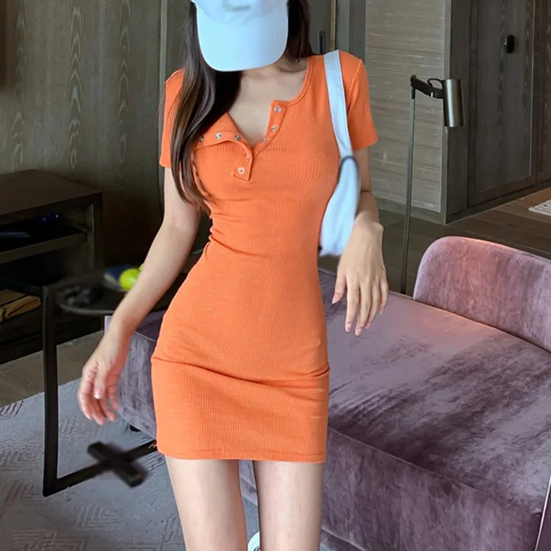 

ROPALIA Sexy V Neck Button Women's Dresses Slim Short Sleeves Vetements Femmes Vestido De Mujer