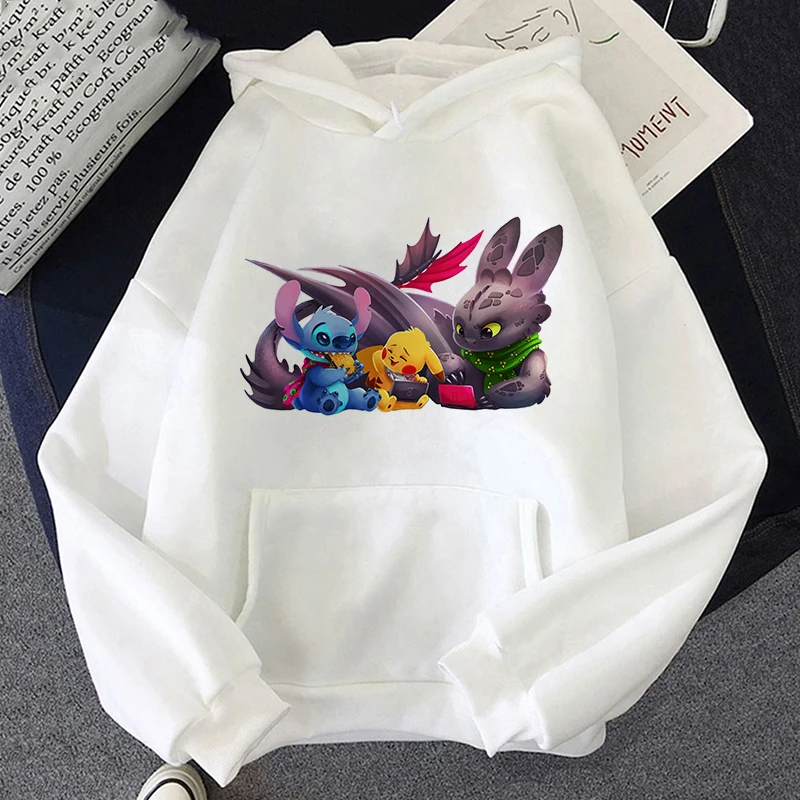 

Модная толстовка с капюшоном Disney, свитшот с мультяшным принтом, пуловер в стиле Харадзюку, одежда унисекс для пары, Женский Белый свитшот с к...