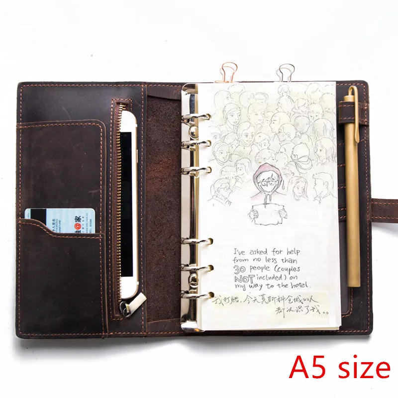 

Genuine Leather A5 Planner with Sliver Rings Crazy Horse Leather Notebook Cowhide Organizer Agenda Journey Books