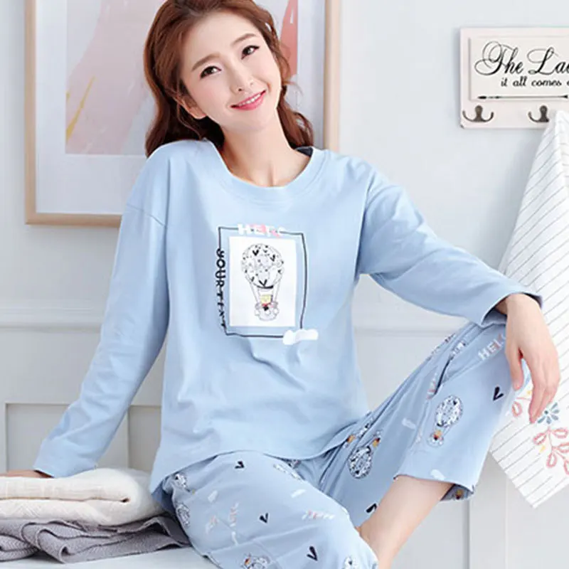 Womens Pajamas Sets Autumn Winter New Long Sleeve Cartoon Print Cute Loose Sleepwear Girl Pijamas Mujer Leisure Nightgown Women