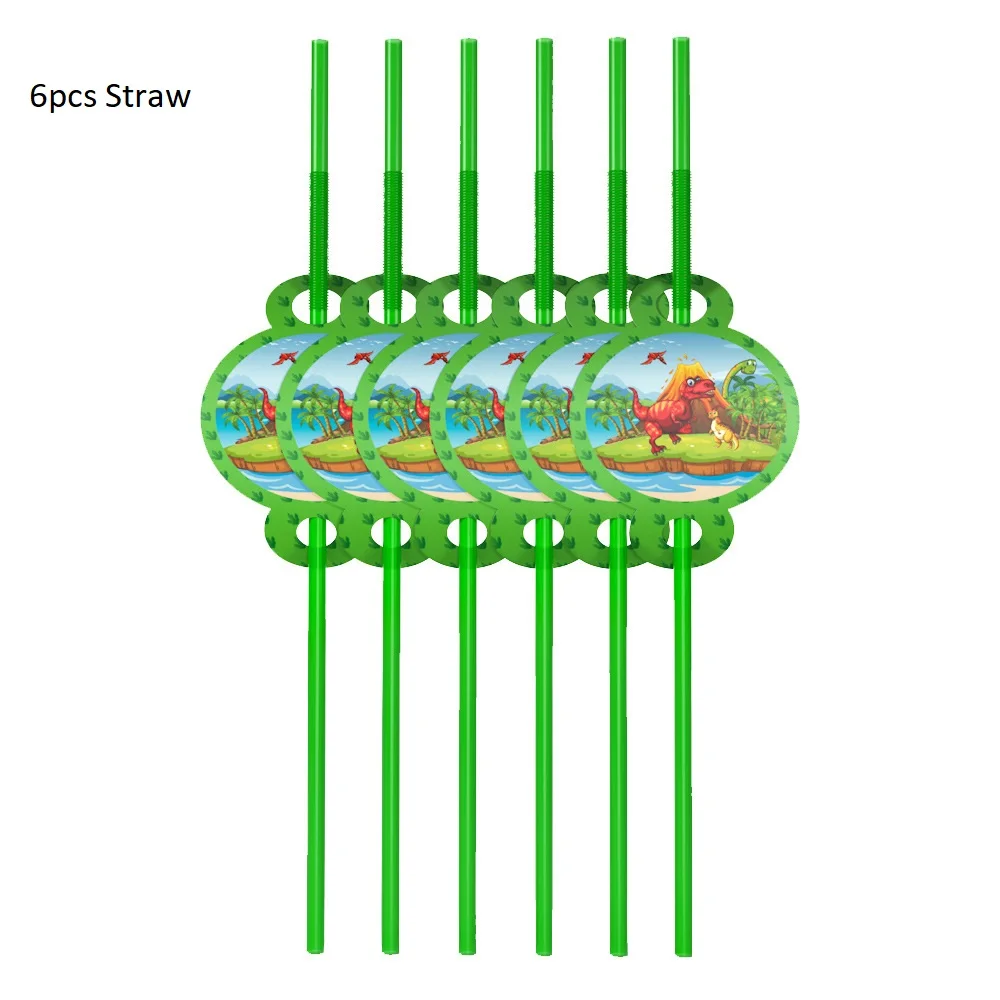 6pcs Straws Dinosaur Party Tableware Paper Plate Cup Napkins Tablecloth Banner Happy Birthday Event Party Supplies for Boys - Цвет: 6pcs Straws