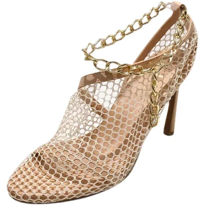 

Lace Denim Women's 2021 Sandals High Heels Shoes Large Size Suit Female Beige Open Toe New Fashion High-heeled Laces Comfort Big