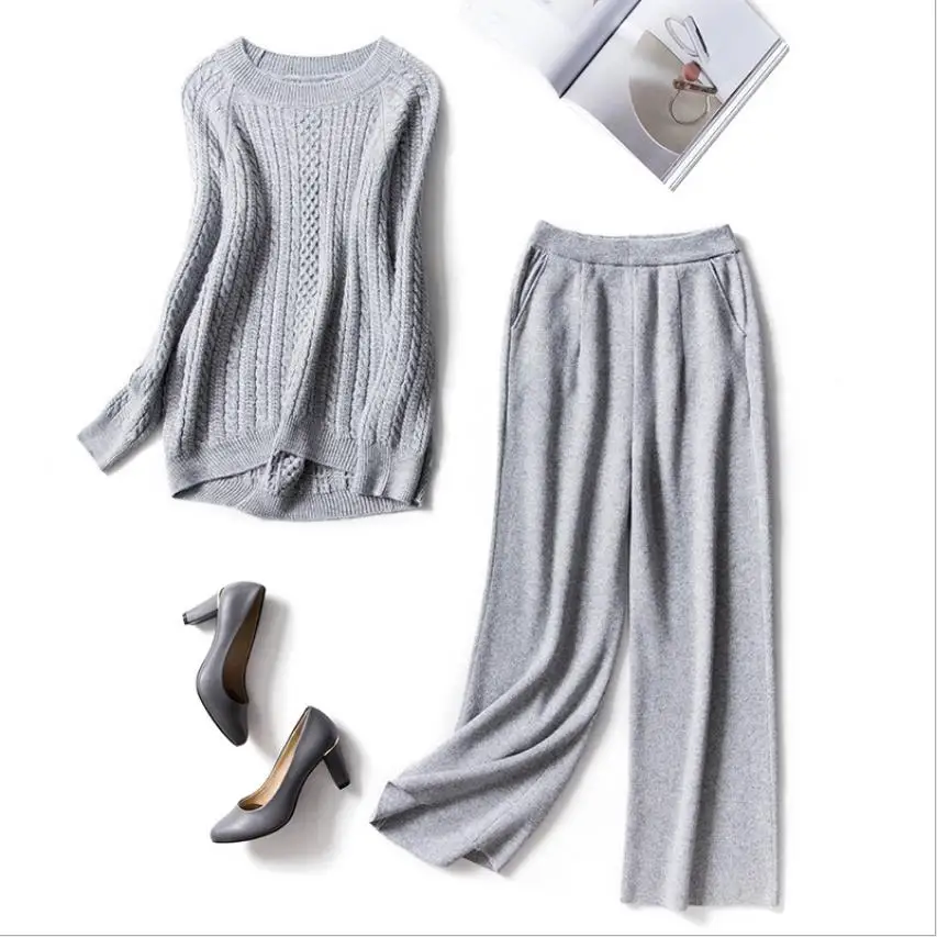 Зимние шерстяные + кашемировые вязаные теплые костюмы бархатный свитер широкие