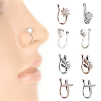 crystal leaf flower cross false nose ring earring fake septum ring studs women ear clip non body piercing jewelry