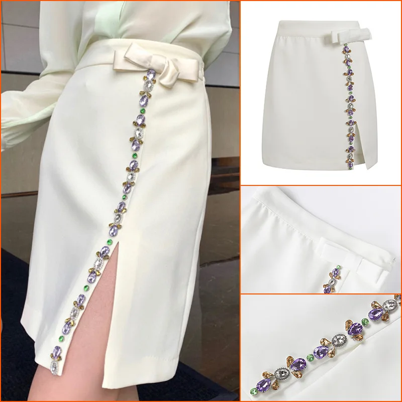

Bow Knot Design High Waist Skirt Women Faldas Mujer Diamonds Decoration Elegant Temperament A Line Mini Skirts Jupe Longue Femme