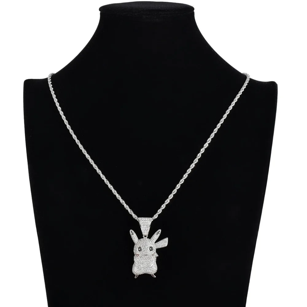 Хип хоп AAA CZ камень Bling Ice Out серебряный цвет мультфильм Пикачу кулоны ожерелья для