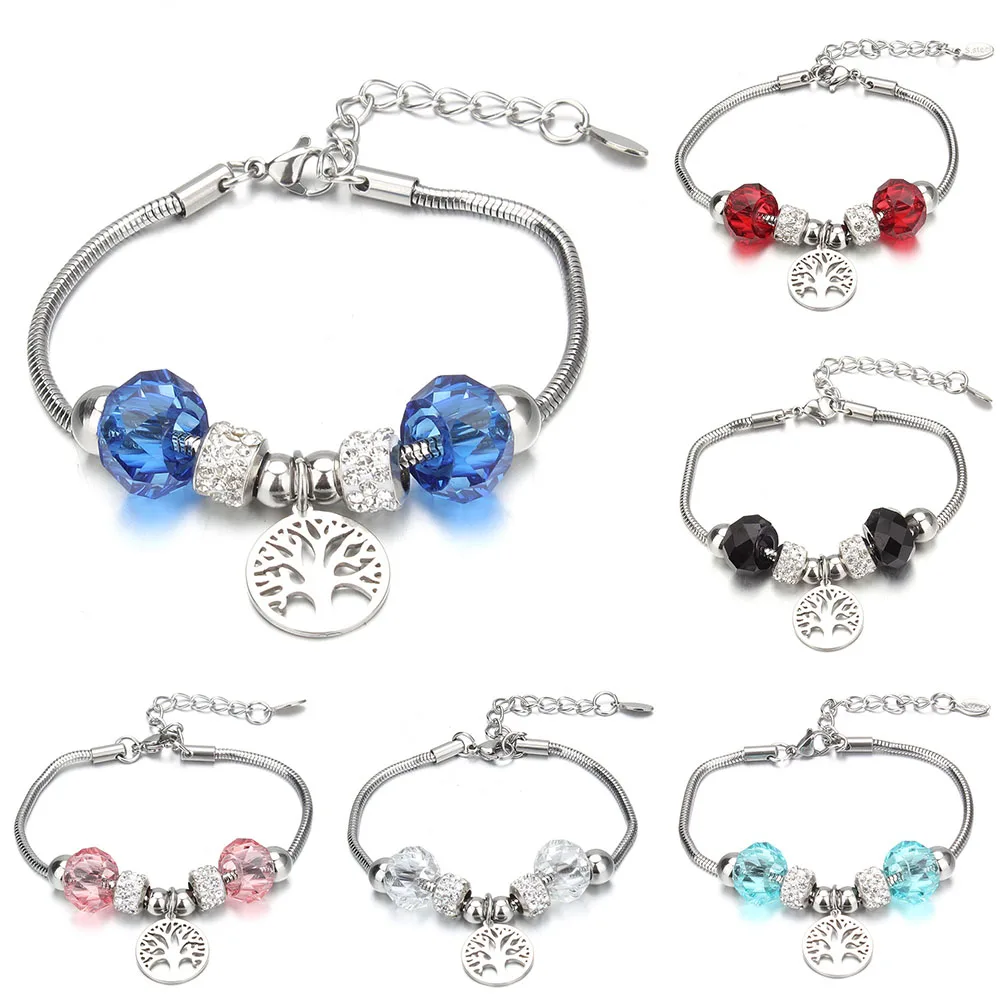 Женский браслет на запястье, с подвеской «Древо жизни», 6-разноцветные хрустальные бусы