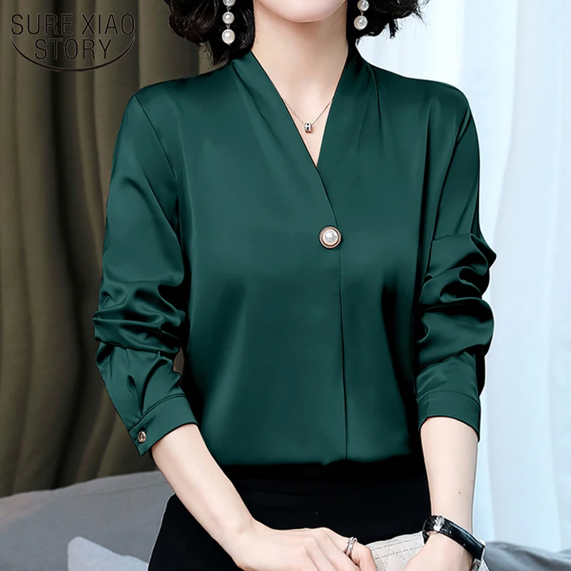 

Korean Plus Size Chiffon Shirt 8 Colors New Fashion V-neck Slim Button Top 2021 Silk Satin Long Sleeve Office Blouse Women 13043