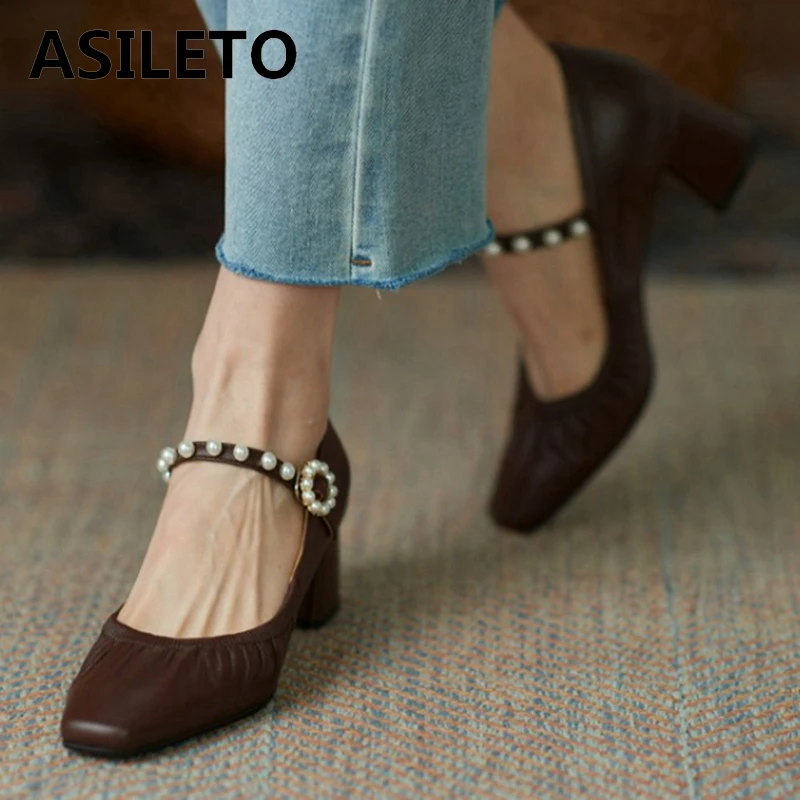 

ASILETO Новинка 2021 женские туфли-лодочки с квадратным носком 5 см Квадратные каблуки Пряжка из натуральной кожи жемчужные мягкие Дизайнерские ...