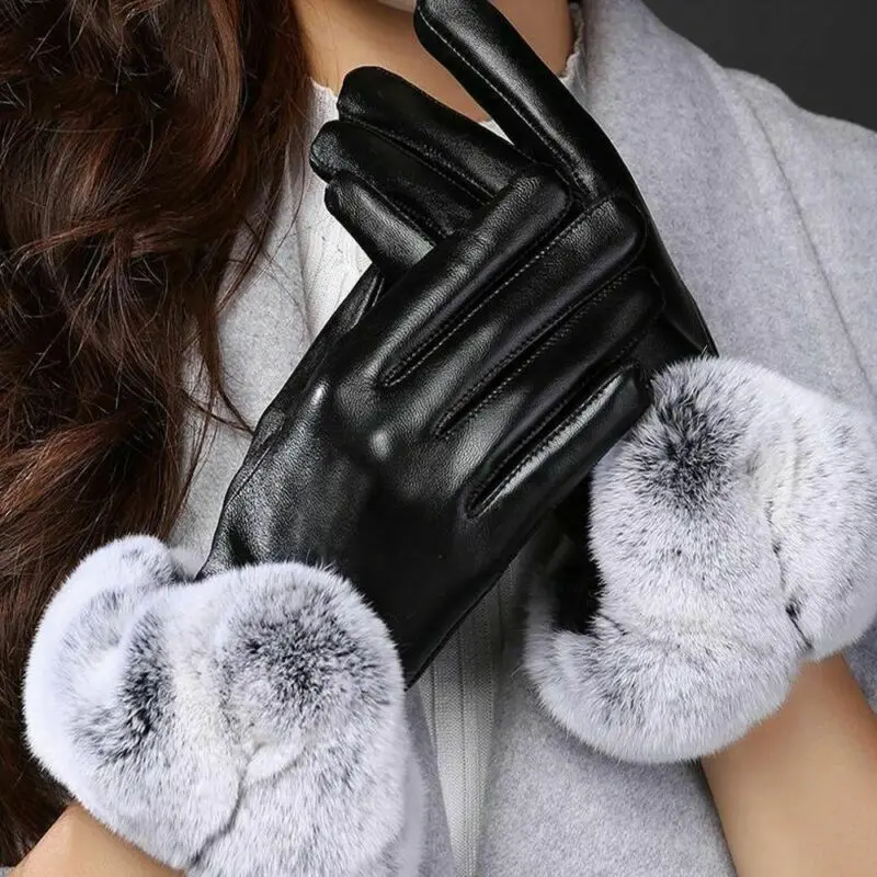 Женские перчатки из ПУ кожи с сенсорным экраном теплые варежки искусственного
