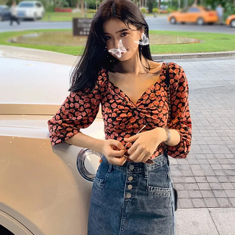 

Summer Women's Chiffon Shirts Floral Print Slash Neck Sexy Sweet Exposed Navel Long Sleeves Tops Roupas Femininas