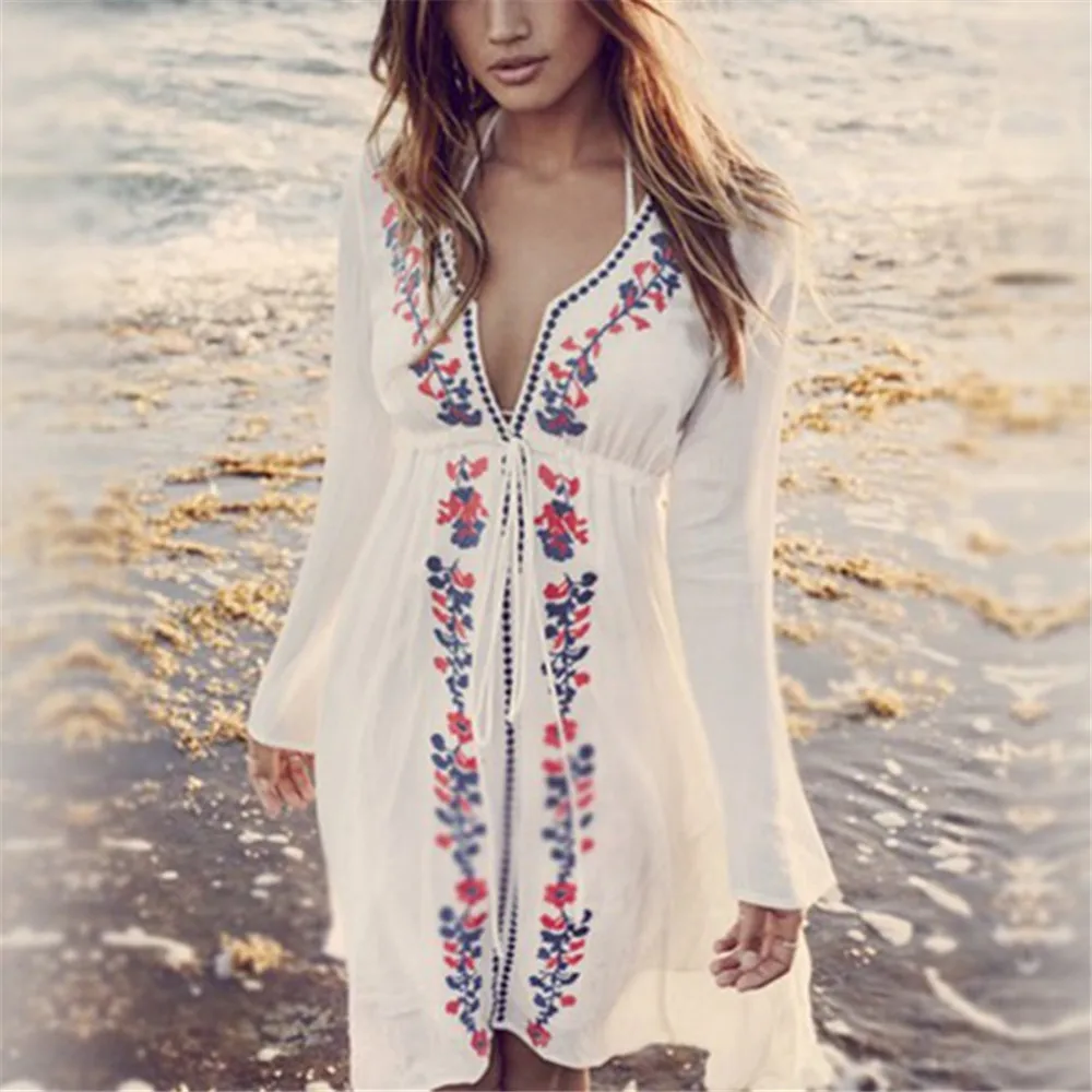 Женский винтажный купальник Летняя Пляжная накидка с вышивкой туника кафтановое