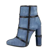 Denim Round Toe Booties Block Heel Zipper Sewing Thread Winter Spring Autumn Ankle Boots Blue Black Runway Dress Shoes