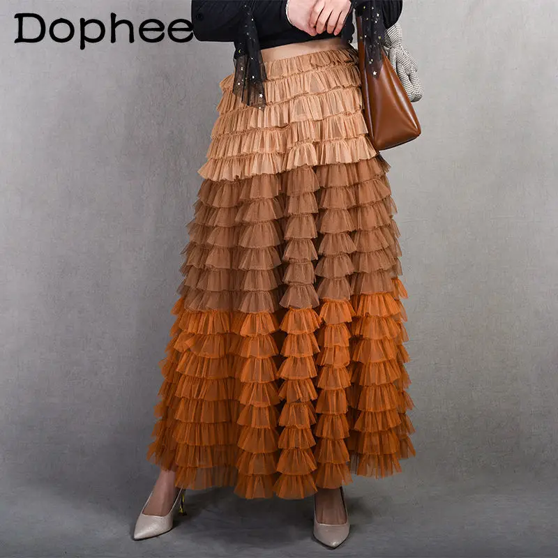 

Юбка женская свободного кроя, милая универсальная сетчатая длинная юбка средней длины с оборками и поясом на резинке, с градиентным переход...