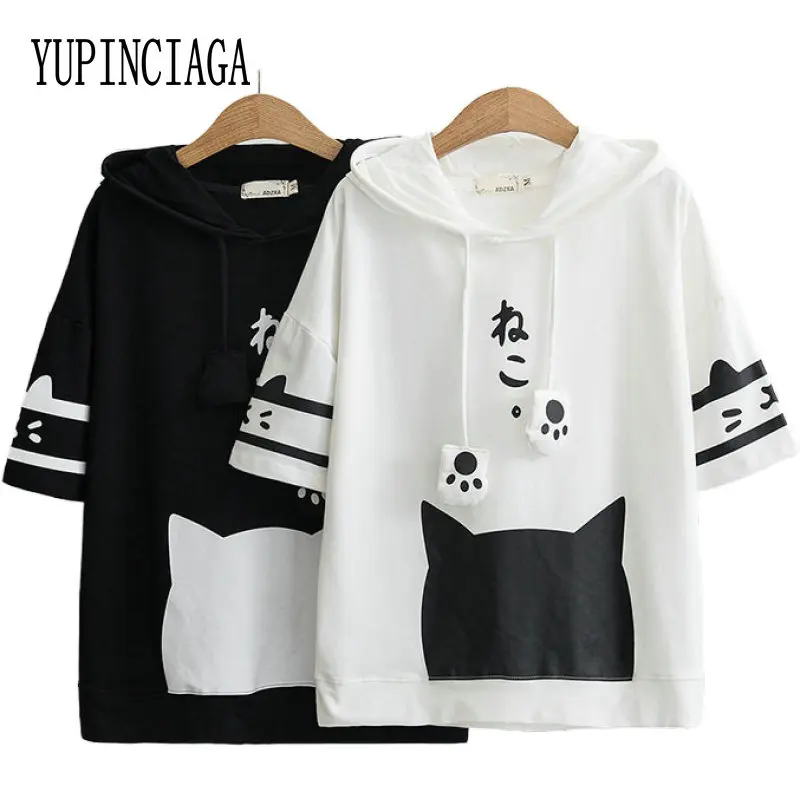 Женская летняя футболка милый стиль Пеппи каваи мультяшный Кот принт с рогами