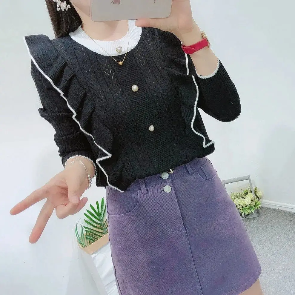 

Flounce cut-out ice silk knitted women's long sleeve 2021 autumn new college loose and versatile sweater coat