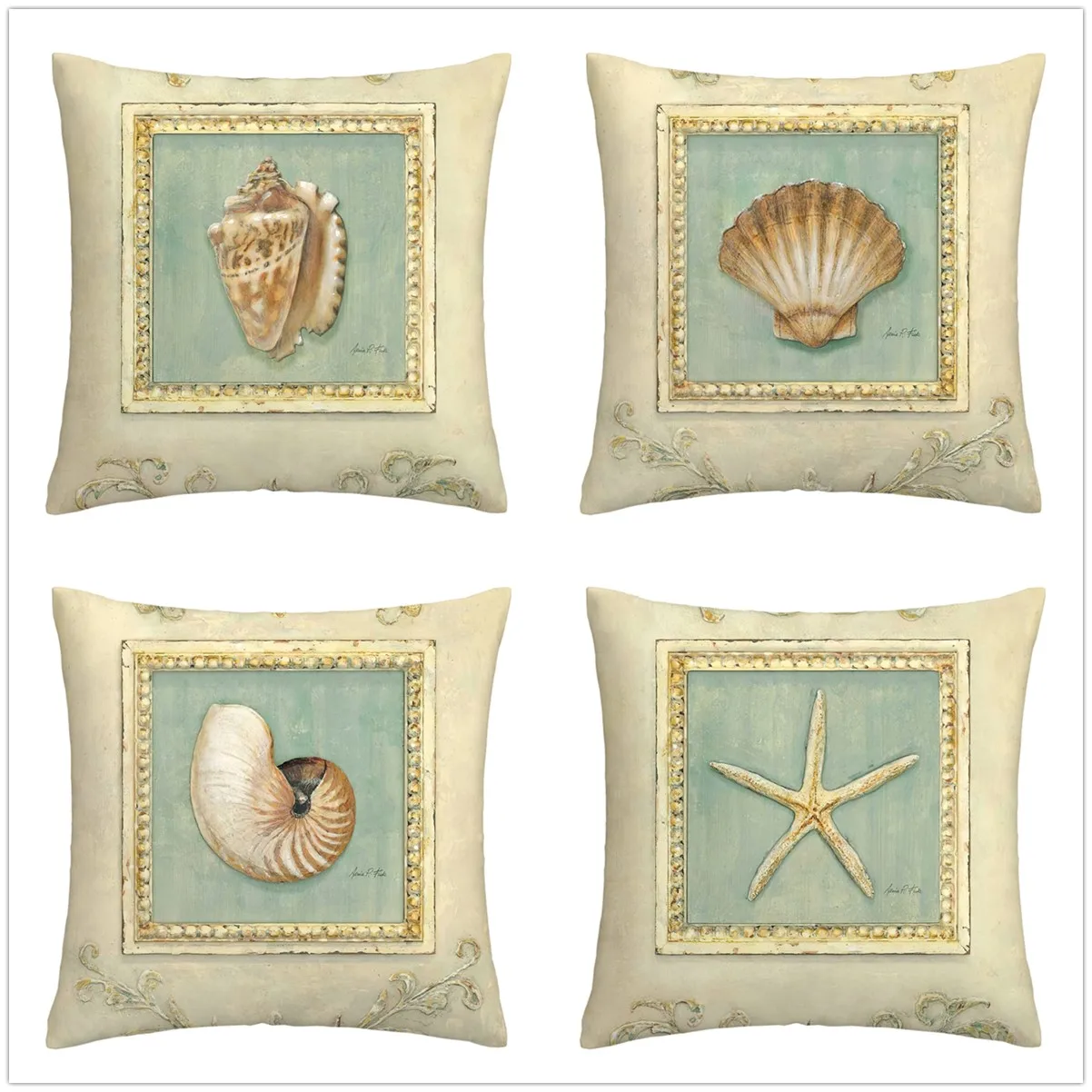 

Oil painting shells starfish conch Plush pillowcase, sofa cushion cover for home improvement, home decoration pillowcase40x40