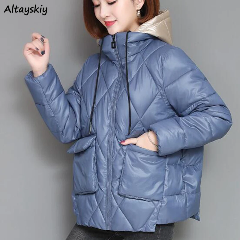 Short Parkas Women Patchwork Hooded Simple Solid Pockets Womens Casual Korean Style Females Daily All-match Winter Chic | Женская одежда