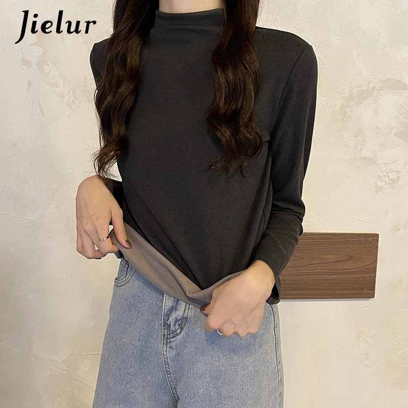 Jielur Серая эластичная женская футболка однотонная Базовая с длинным рукавом
