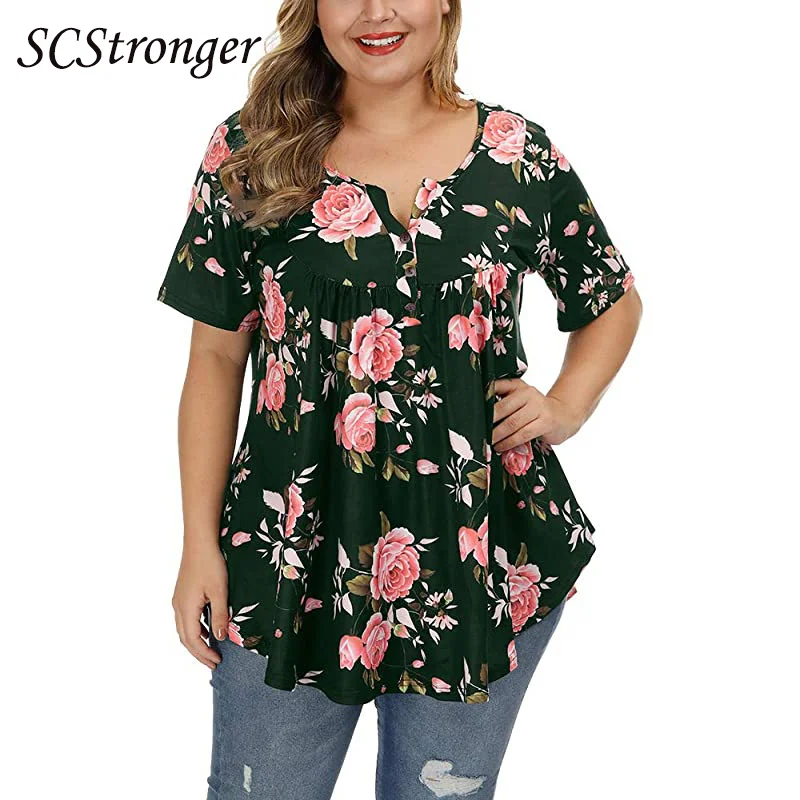 

SCSTRONGER Spring And Summer New Women's Tshirt Vneck Button Large Size Printed Short Sleeved Jacket Blusas Feminina Verao 2021