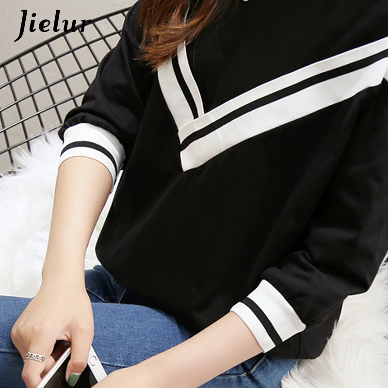 Женская футболка с открытыми плечами Jielur черная круглым вырезом новая осенняя