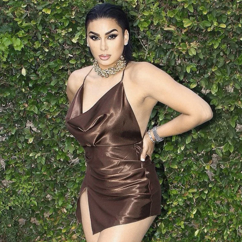 

Women Halter Silk Straps Mini Dress Sexy Party Club Bodycon Solid Backless Zippers Dresses Female Streetwears Clothing Vestidos