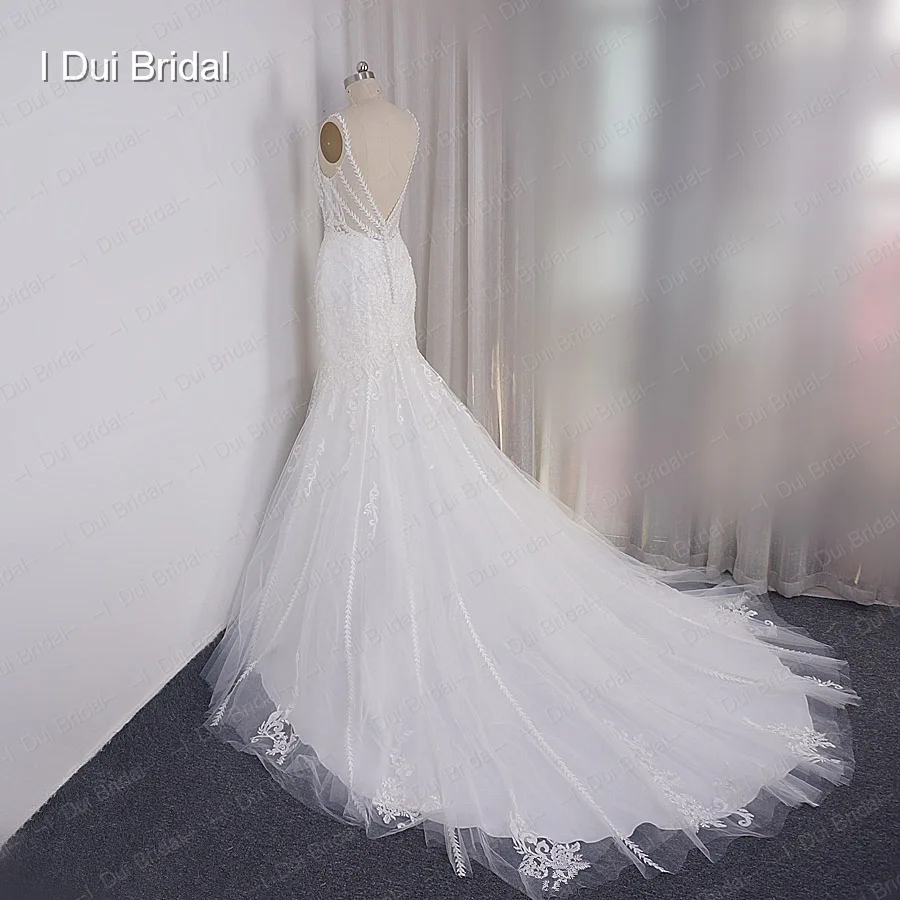 V Neck Mermaid Wedding Dress Lace Appliqued New Factory Custom Made Bridal Gown