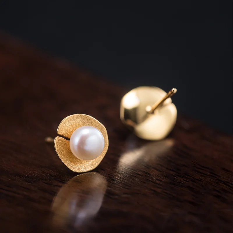 925 Sterling Silver Lotus Leaf Pearl Stud Earrings For Women Original Handmade Female 18k Gold Vintage Jewelry Flyleaf Hot Sale